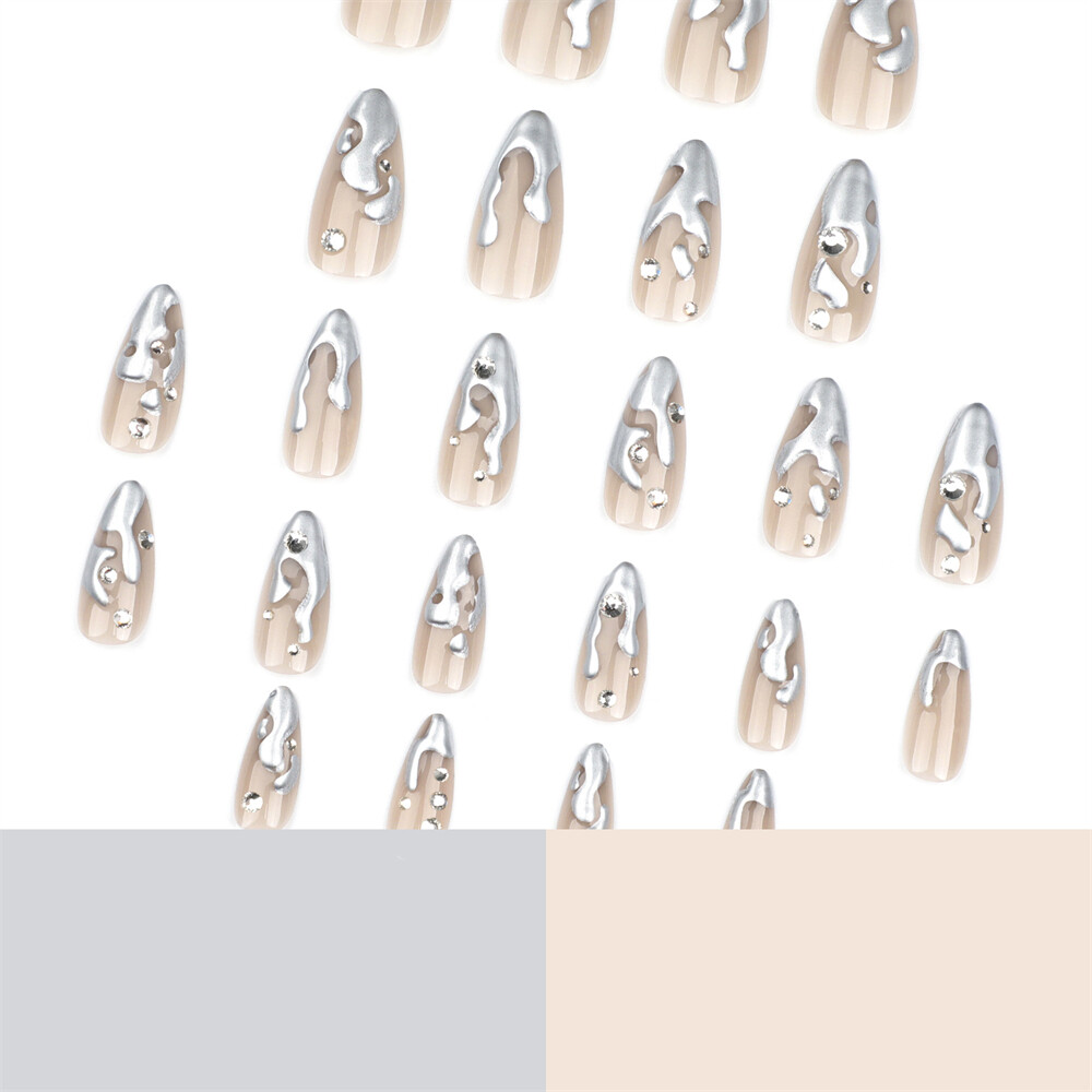 Short Almond Press-On Fake Nail 3D Silver Irregular French Glossy Manicure 24pcs