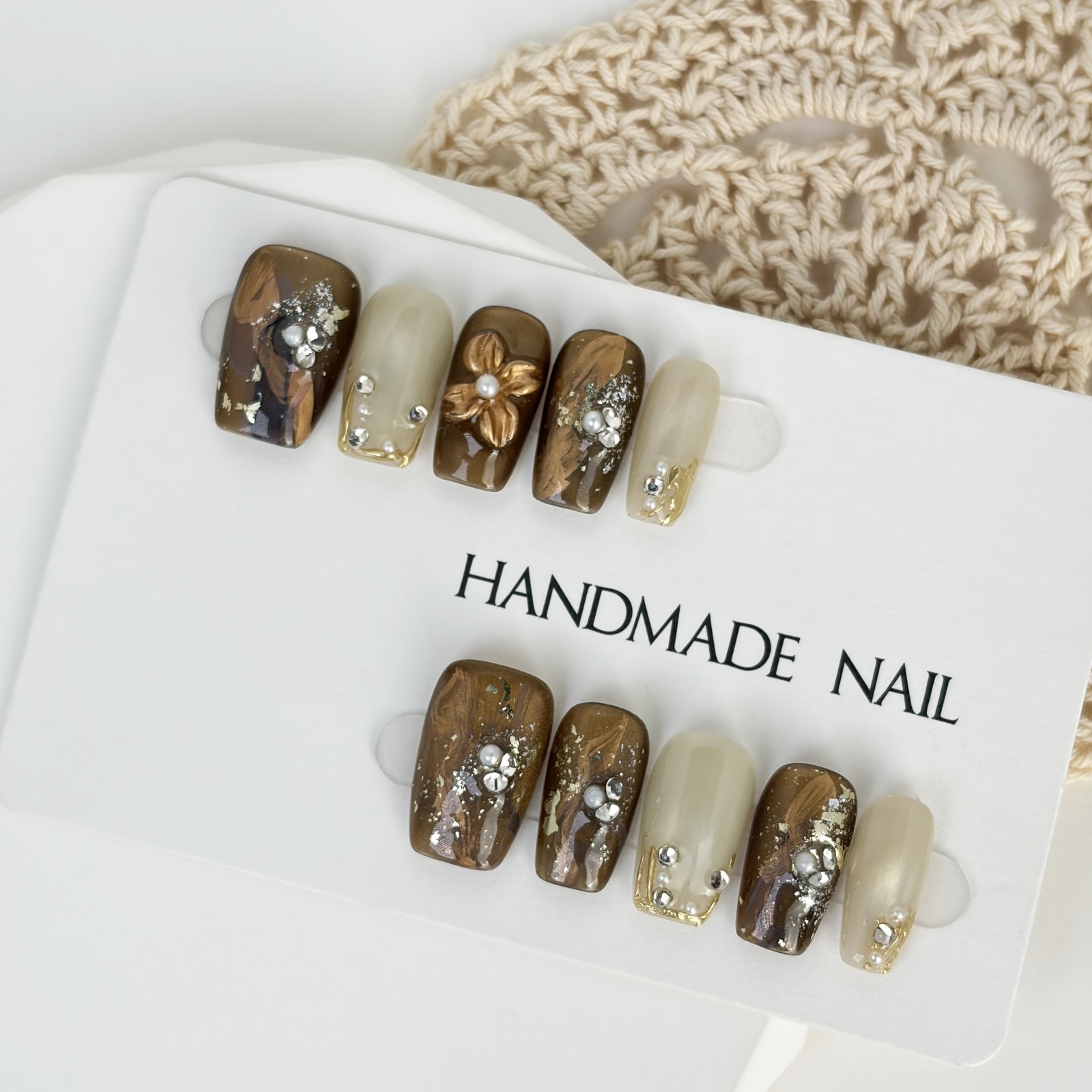 Vintage Gold Amber Press-On Nails with Pearl & Metal Flowers – Square Shape