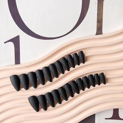Black Press on Nails Medium Stiletto Almond, Matte Pure Color Matte Black