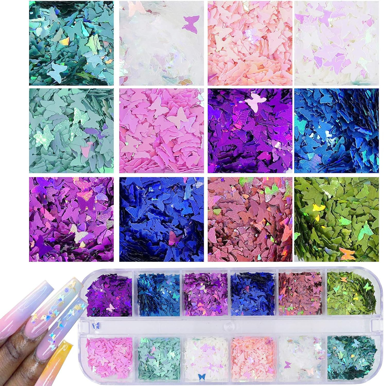 4 Boxes Holographic Nail Sequins Shapes Mixed Iridescent Nail Glitter Flakes But