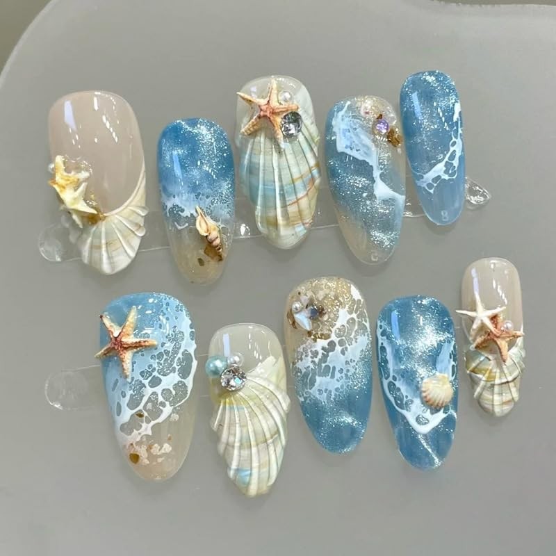 30Pcs Summer Beach Press on Nails Almond Medium Fake Nails Blue Sea French Fa…