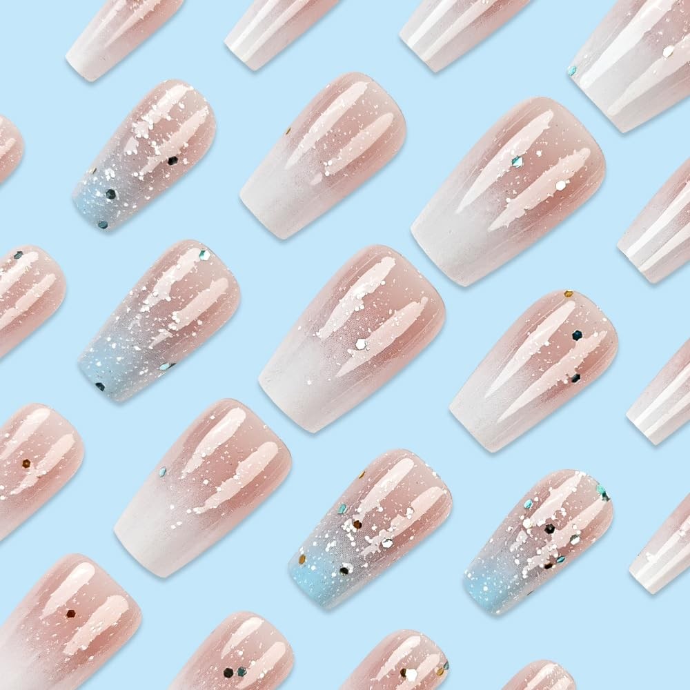 24Pcs Medium Press on Nails Blue White Gradient Press on Nails Medium Square W5