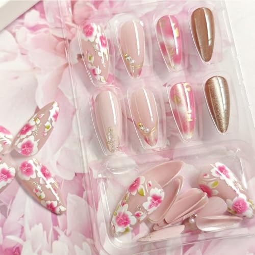 24Pcs Pink Flower Press on Nails Medium Almond Fake Nails Flower Fake Nails-2