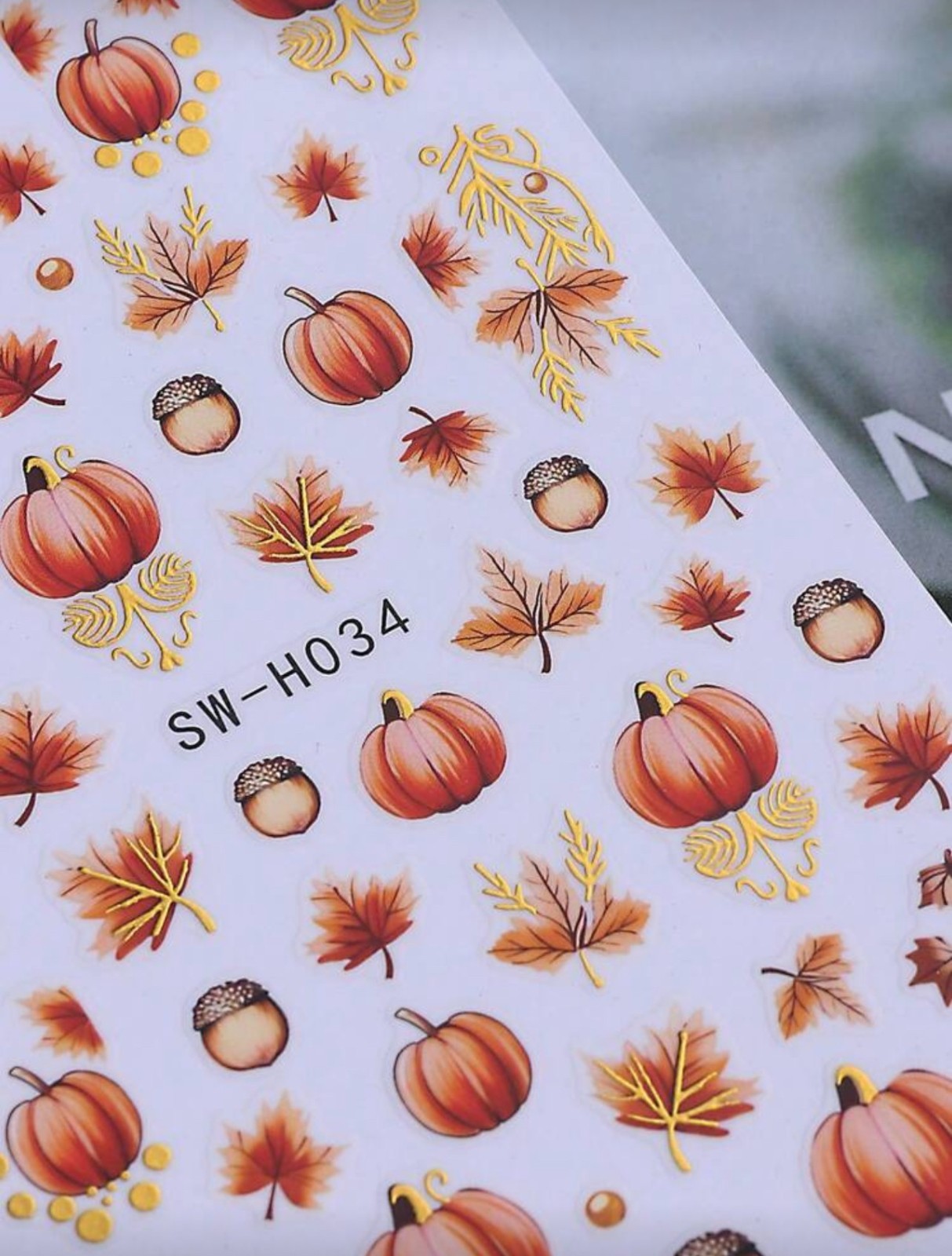Autumn Pumpkin Nail Art Stickers Fall Leaves Acorn Gold Orange DIY Nails H034