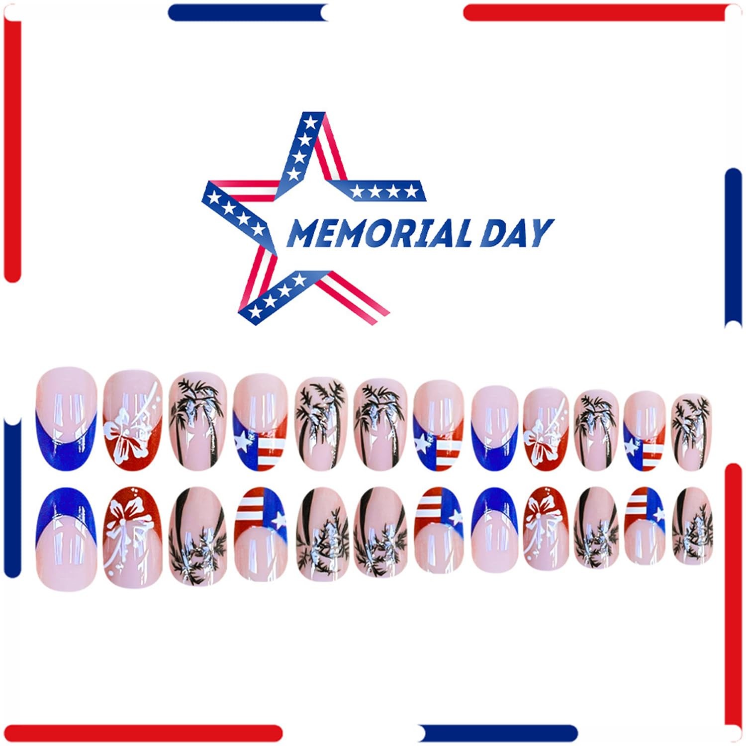 4th of July Press on Nails Tropical Palm Tree Flower Red White Blue Patriotic…