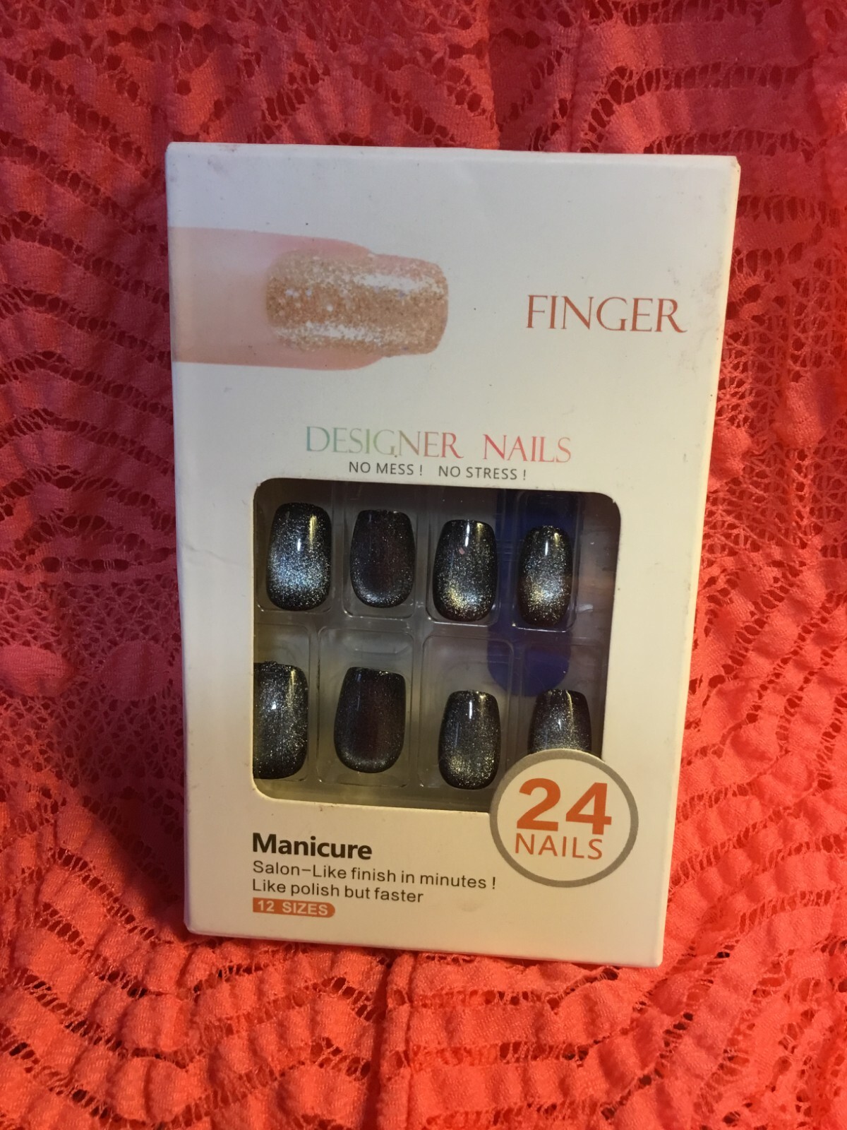 Glossy Press On Nail Square False Nails Design ~ Black/Black Metallic Set of 24