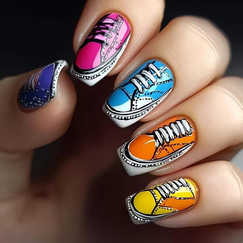 24pcs Medium, Square Shape Press-On Nails with Colorful Shoes Unique Cool Design