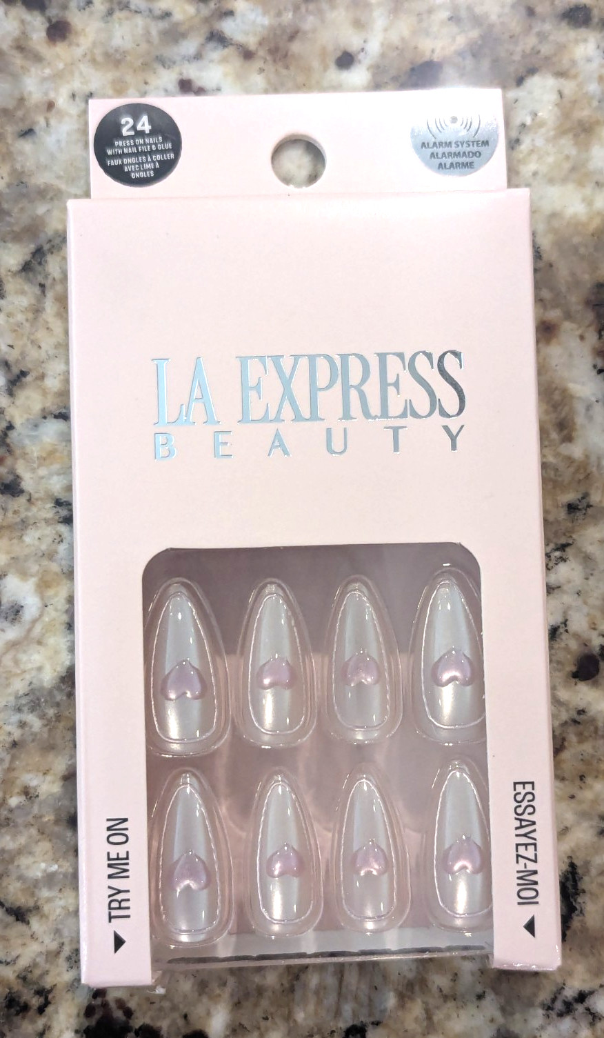 LA Express Beauty False Press On Nails File & Glue Almond 24 ct Pink Hearts