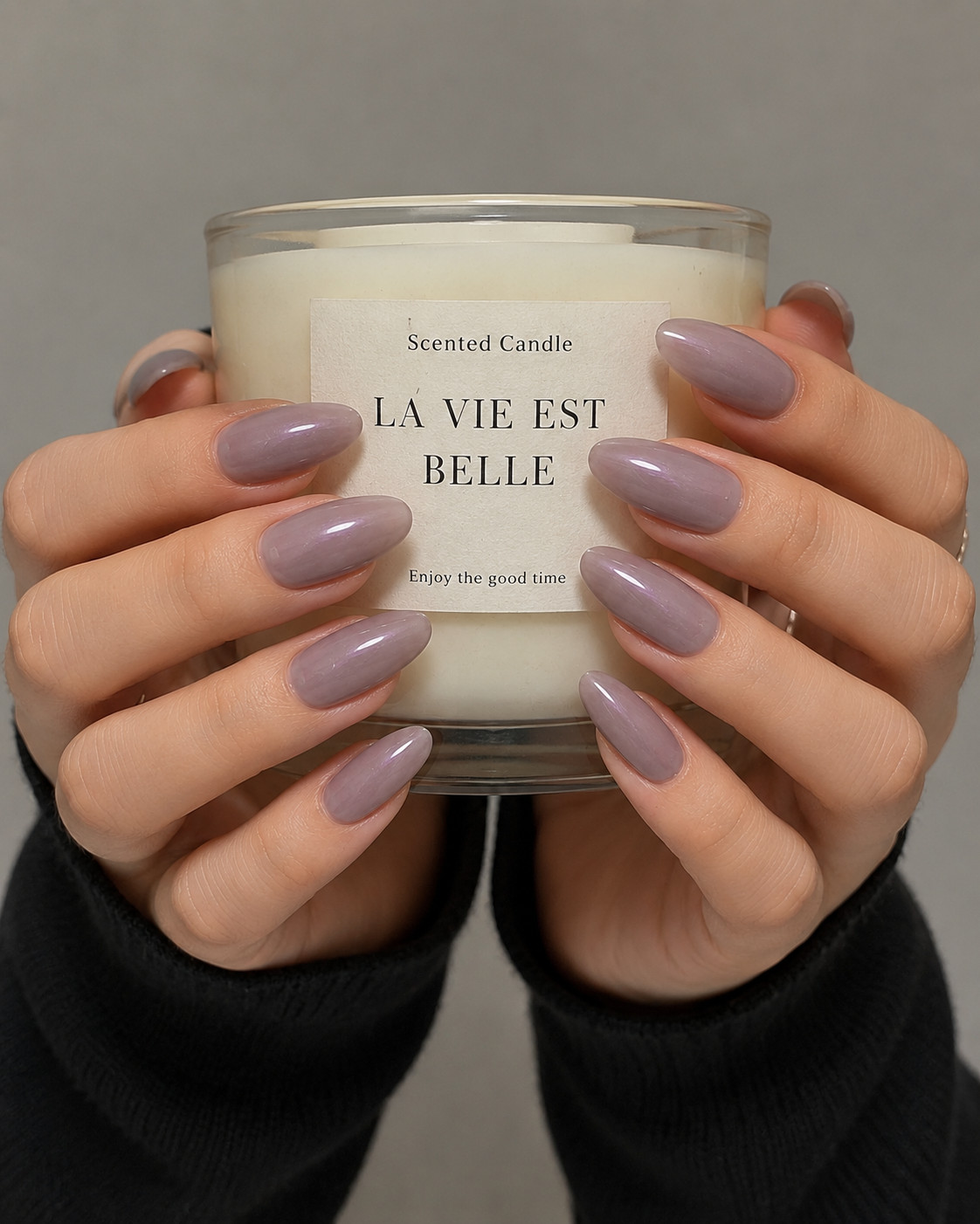 Elegant Dusty Mauve Grey Pearl Glossy Almond Press-On Nails – Small