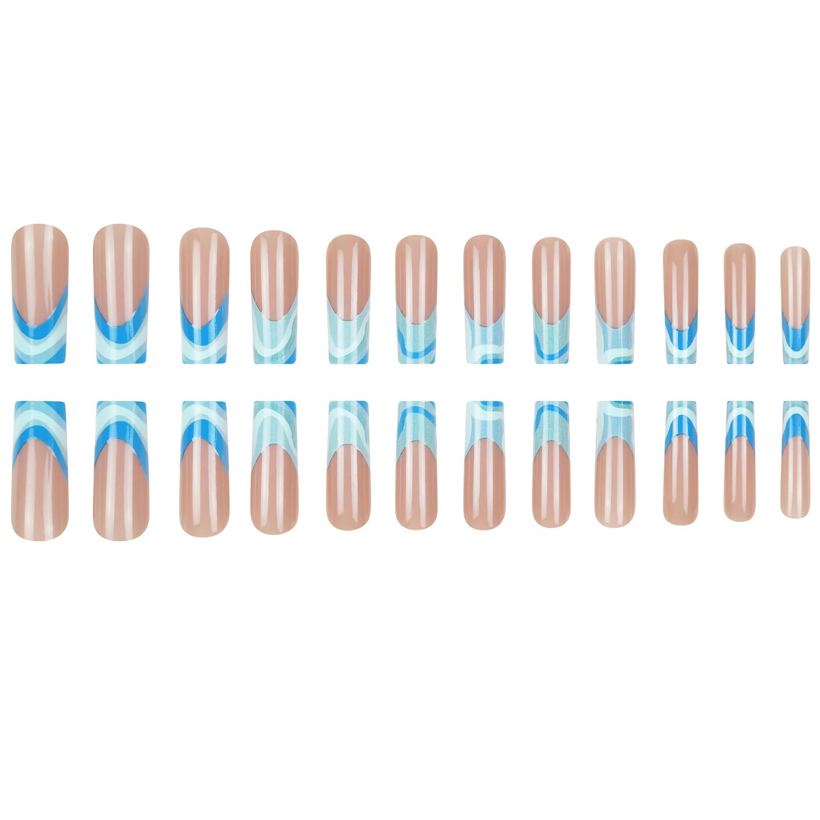 Press On Nails Long Coffin Fake Nails Nude Blue Swirl Wave French Tip Glossy …