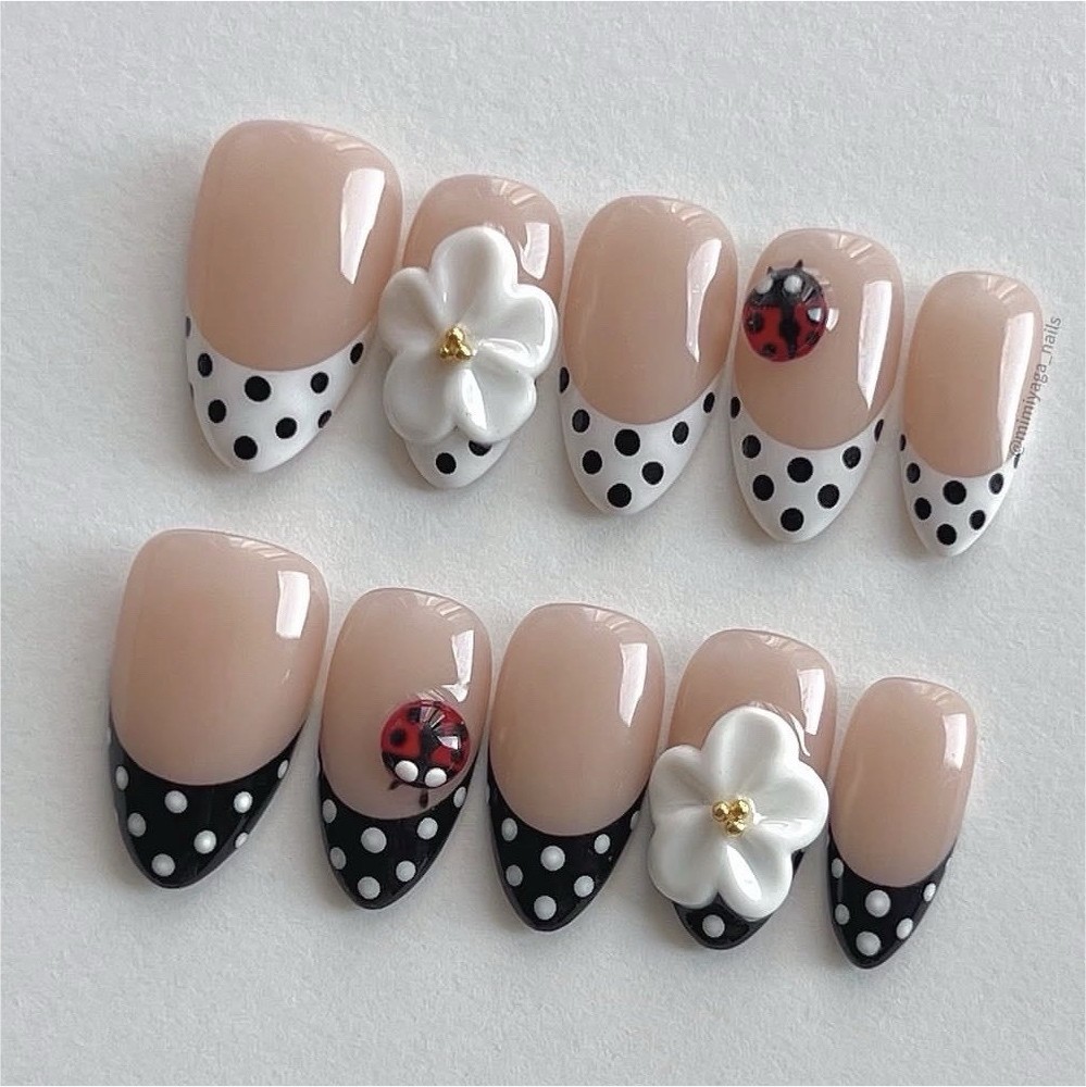 Almond Press-On Nails French 3D Pre-Designed Beige Black White Red Ladybug
