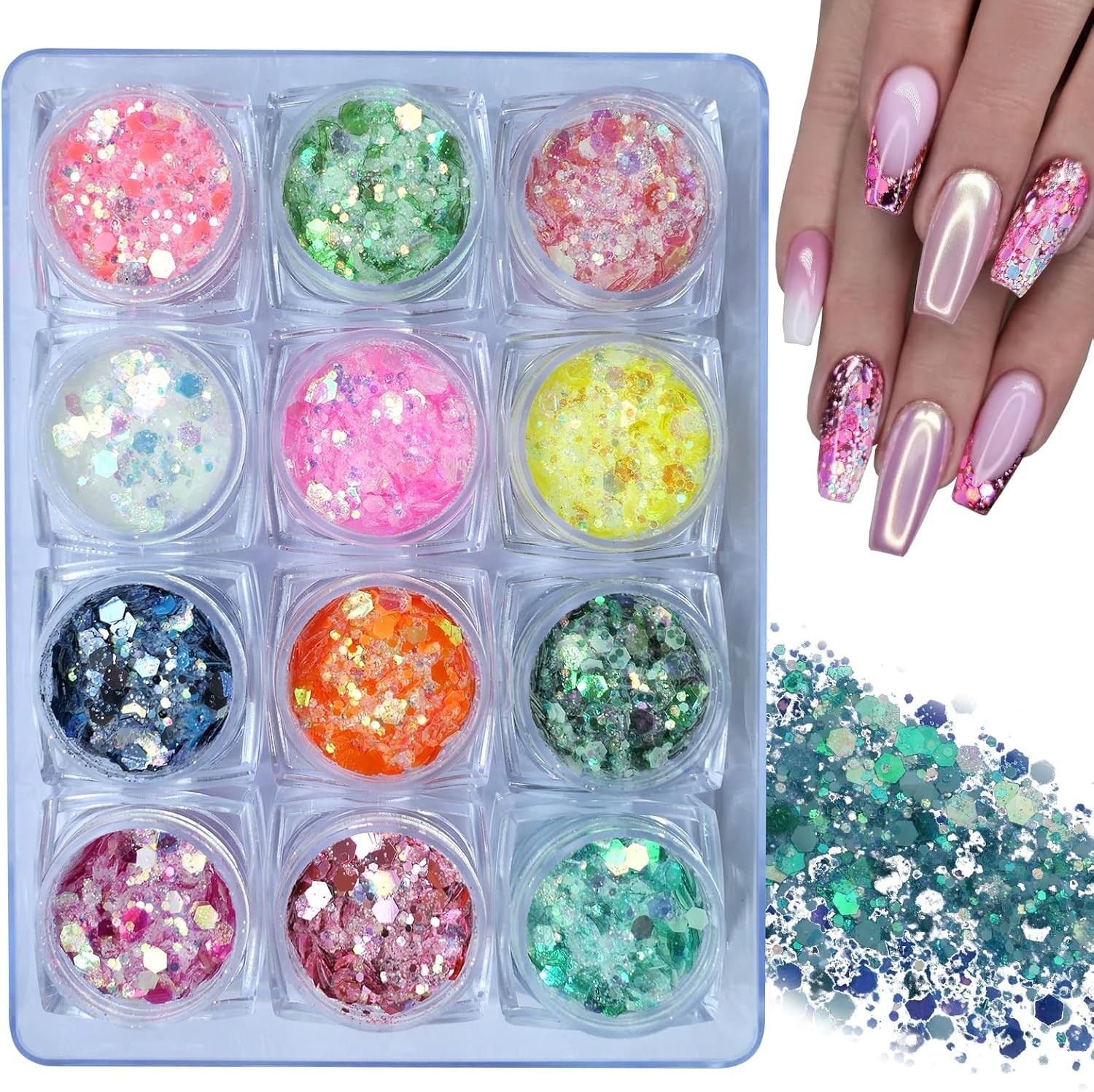 12 Grids Nail Glitter for Nail Art Supplies, Chunky Glitter Acrylic Powder Fine