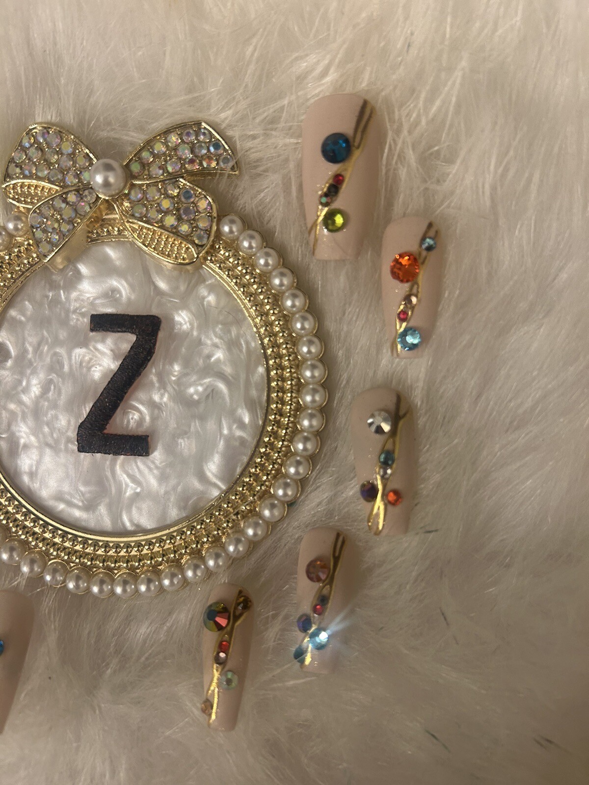 Z NAILZ! Gorgeous Handmade Set Of M Coffin Beige W/multicolored Stones Press Ons