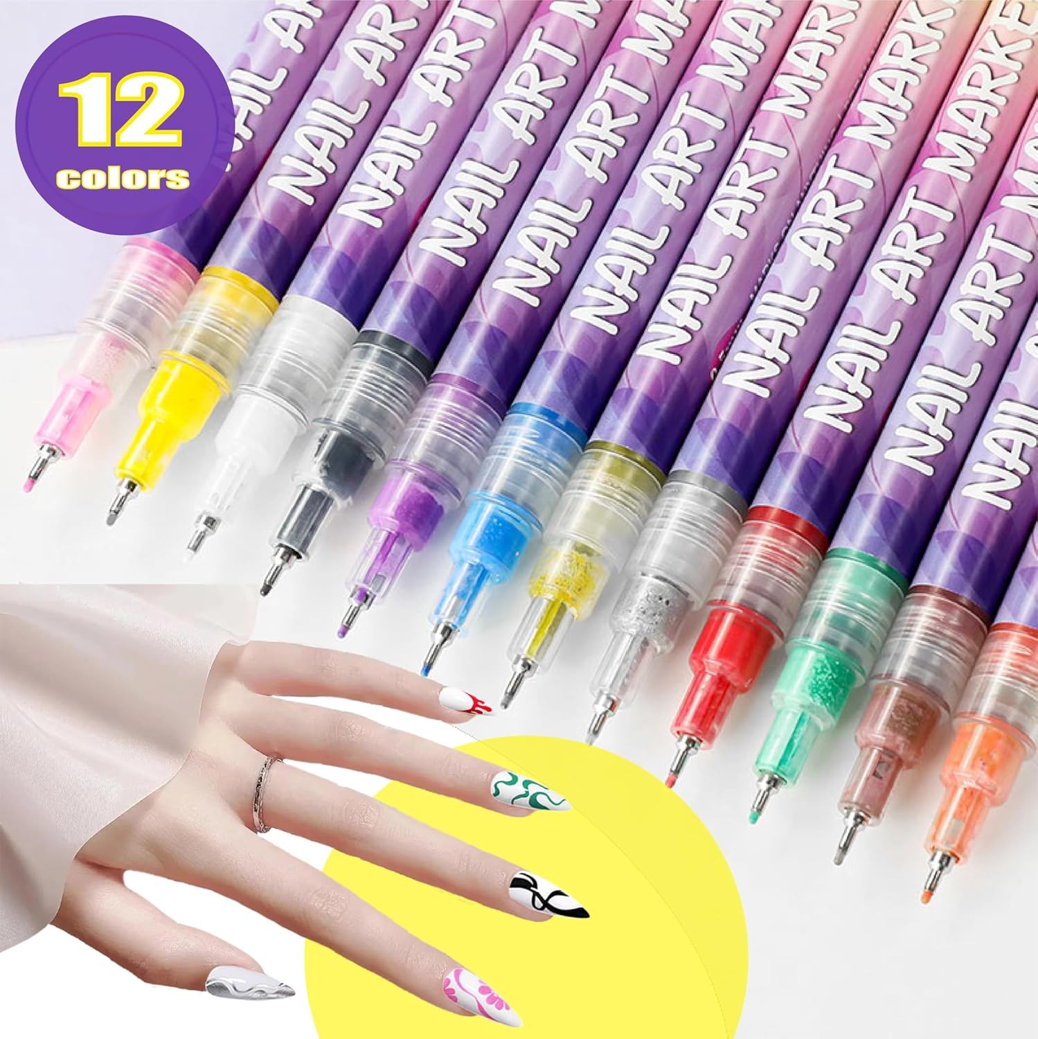 12 Colors Nail Art Pens Set 3D Nail Polish Pens Graffiti Dotting Pen