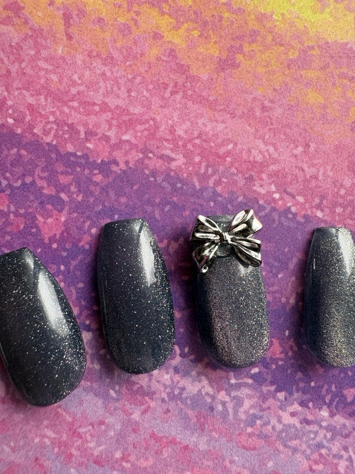 Handmade Japanese Press on Nails | Navy Magnet Galaxy & Silver Ribbon | Cute Ele