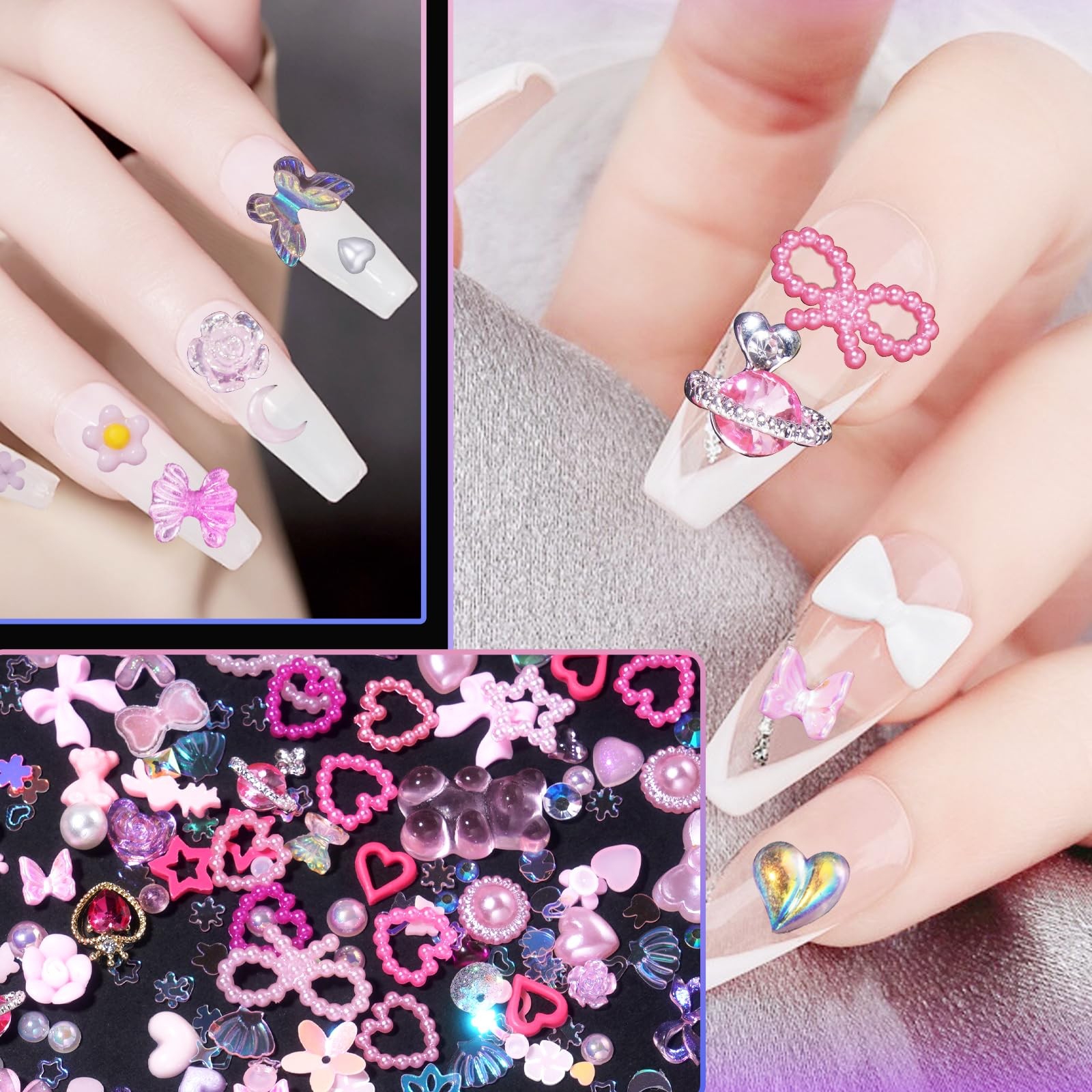 3D Pink Color Assorted Pearls Gems Nail Charms Heart Butterfly Bow Bear Nail …