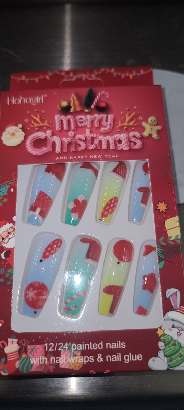 Christmas Press on Nails Medium Coffin Fake Nails with Christmas Tree Design Gli