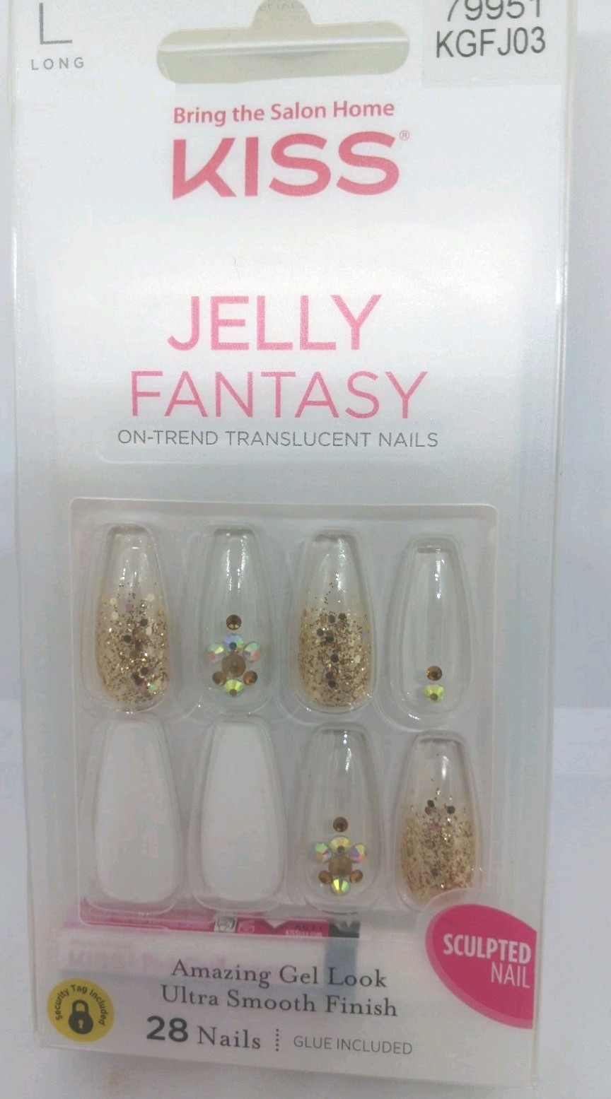 KISS Gel Fantasy Allure glue on nails sculpted clear glitter 28 total long