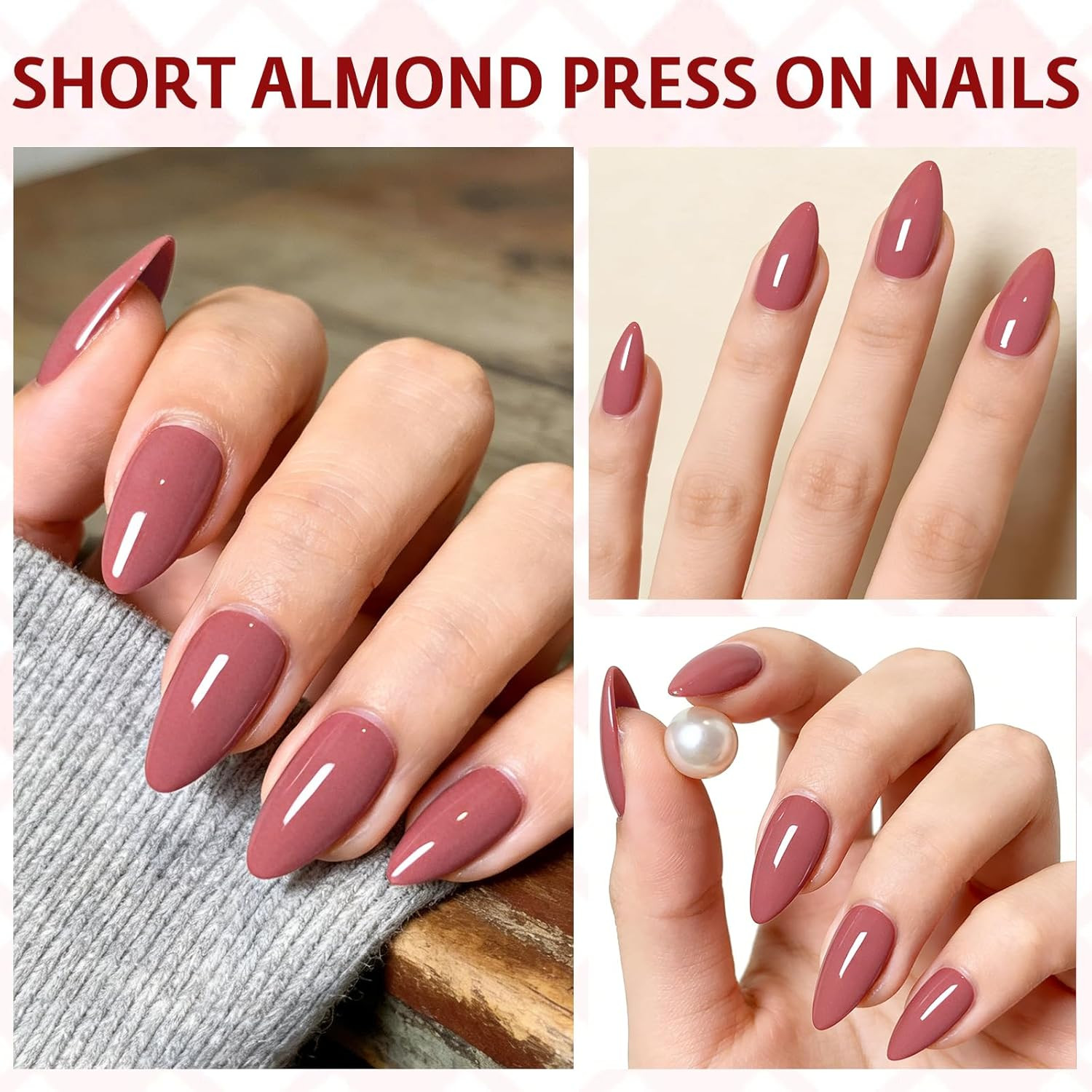 240Pcs Dusty Rose Press on Nails Almond- Short Press on Nail Pink in 12 Sizes fo