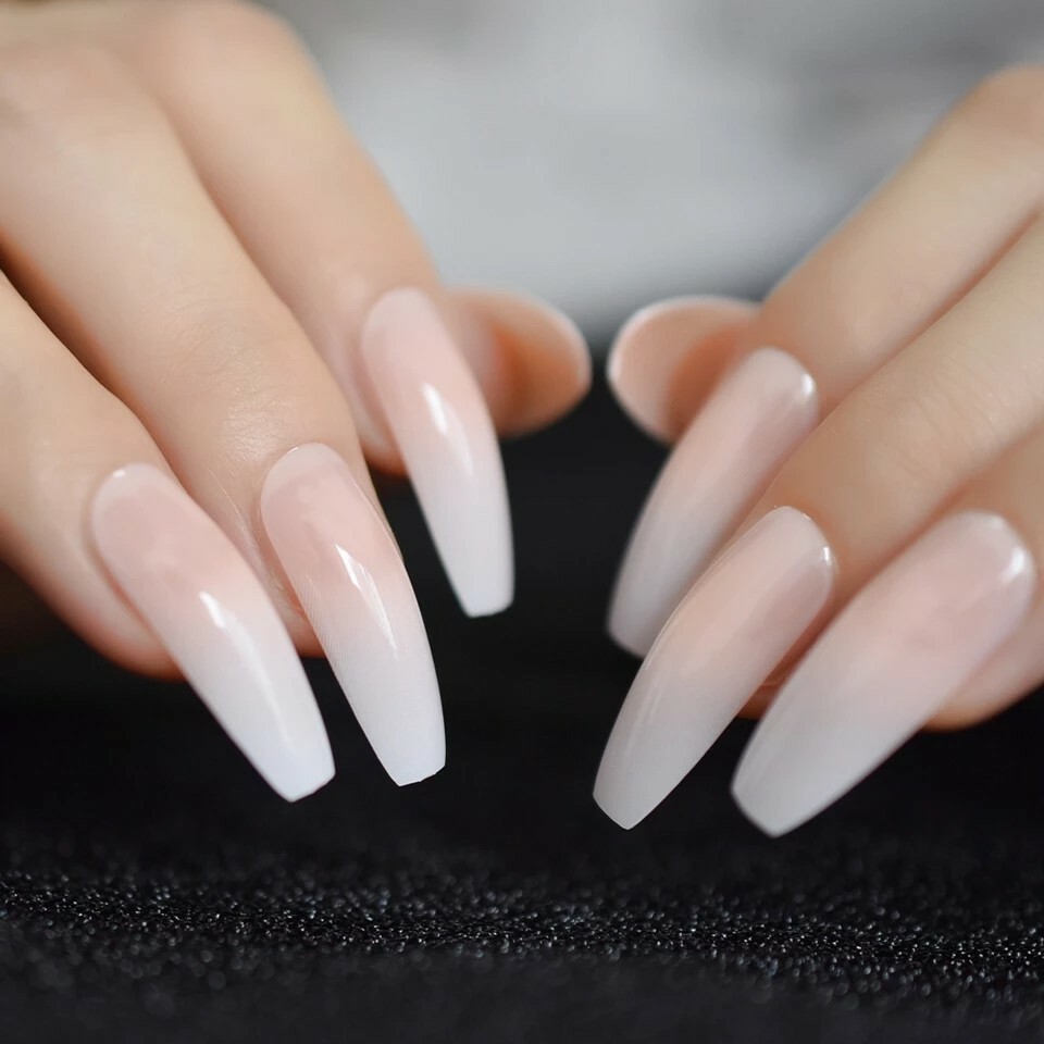Ombre French Tip Press On Nails Extra Long Coffin White Nude Baby boomer classic