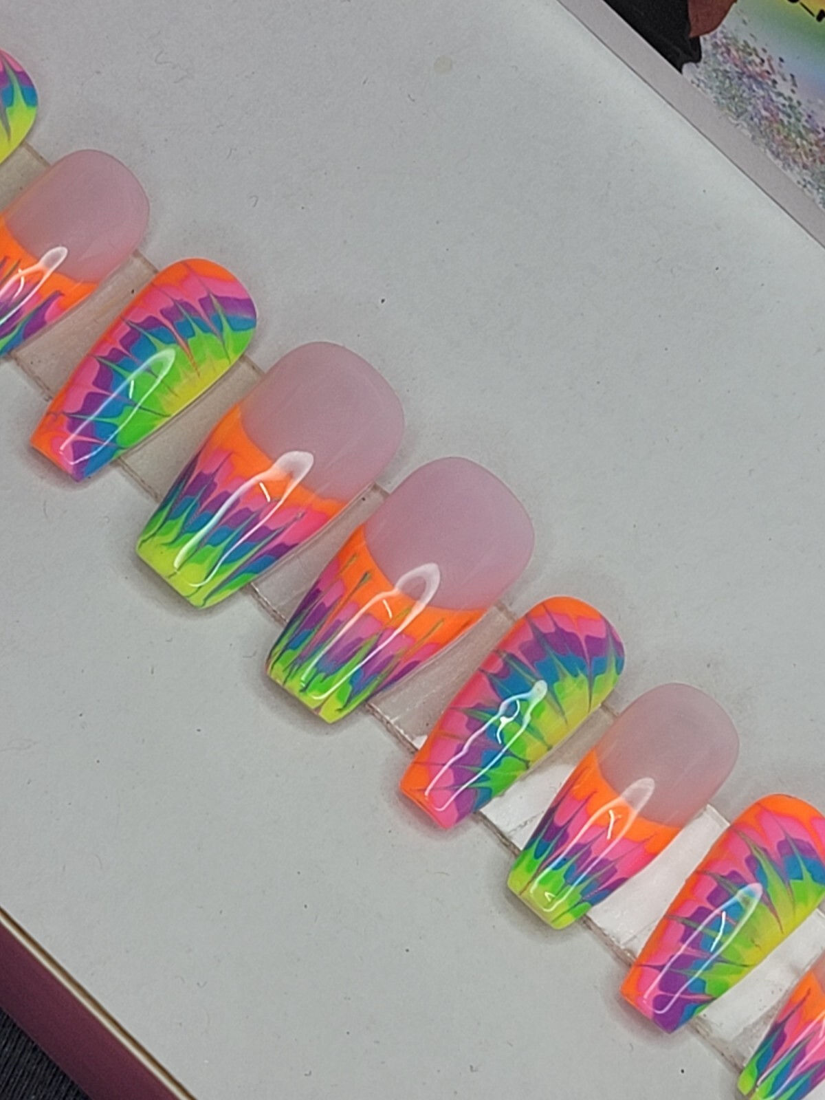 Rainbow neon tie-dye press on nails short coffin French tip pride nails