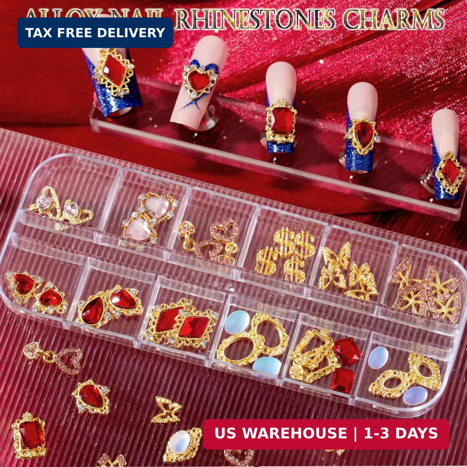 Variety Gold Nail Charms: 48 Styles Gorgeous 3D Metal Nail Gems Rhinestones for