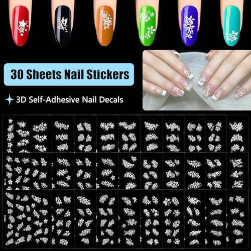 Flower Nail Stickers – 30 Sheets Spring Floral Nail Decals 3D Self White