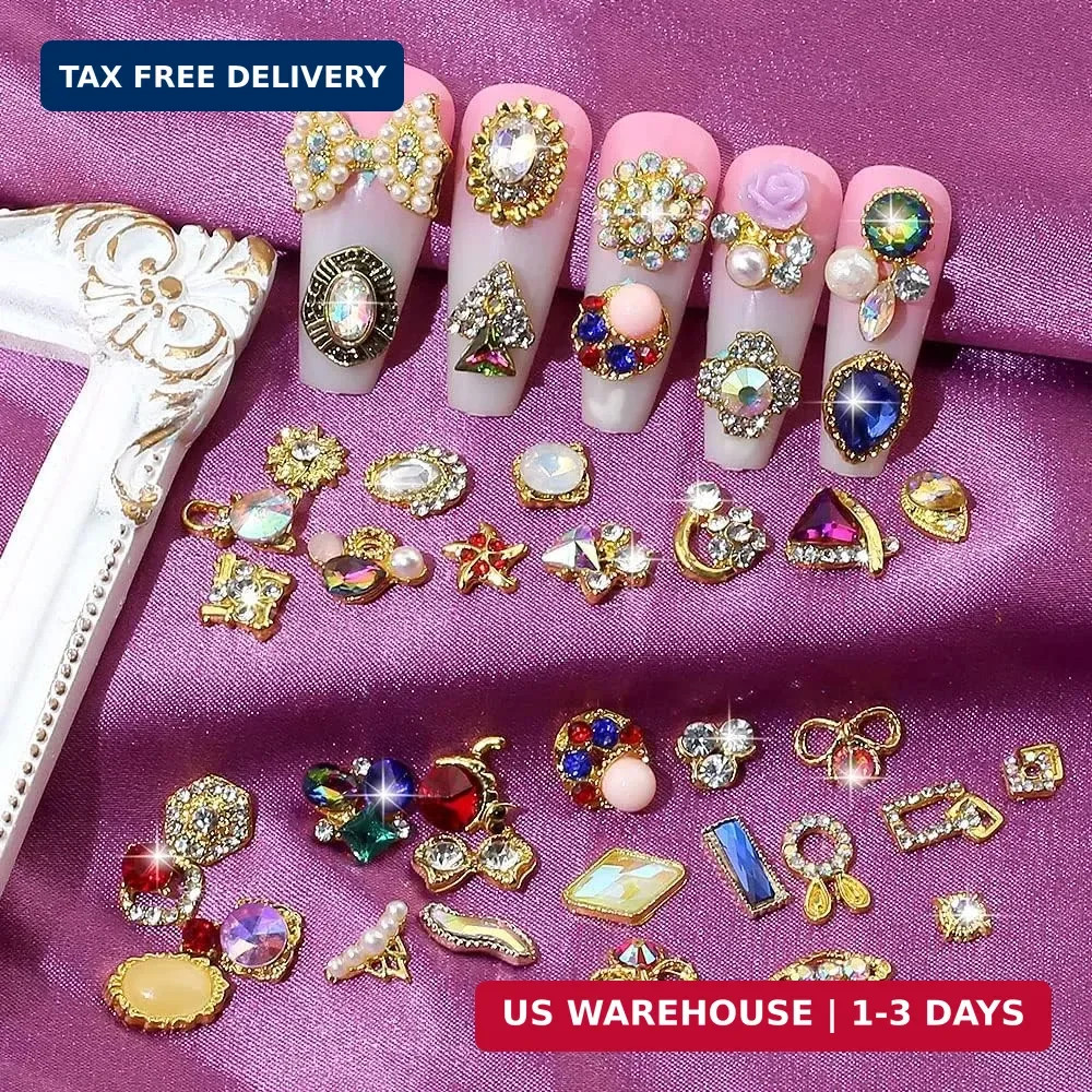 50pcs 3D Gold Nail Charms for Acrylic Nails Mix Styles Rhinestones for Nails Met