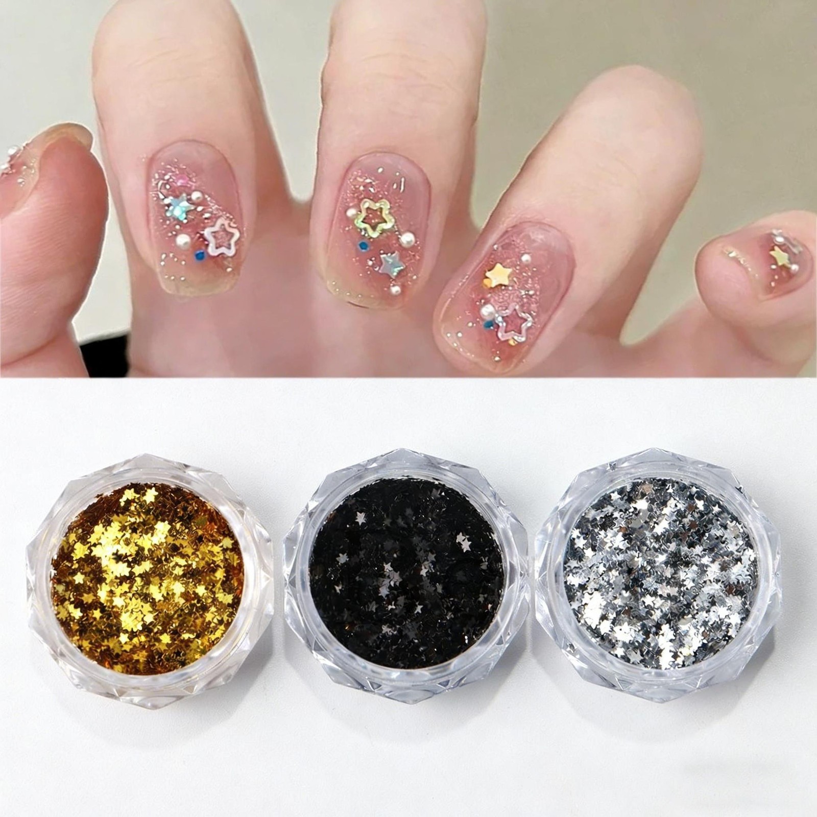 3-Color Five-Point Star Sequins, Chunky Glitter Set for Trendy Nail Decor Crafts