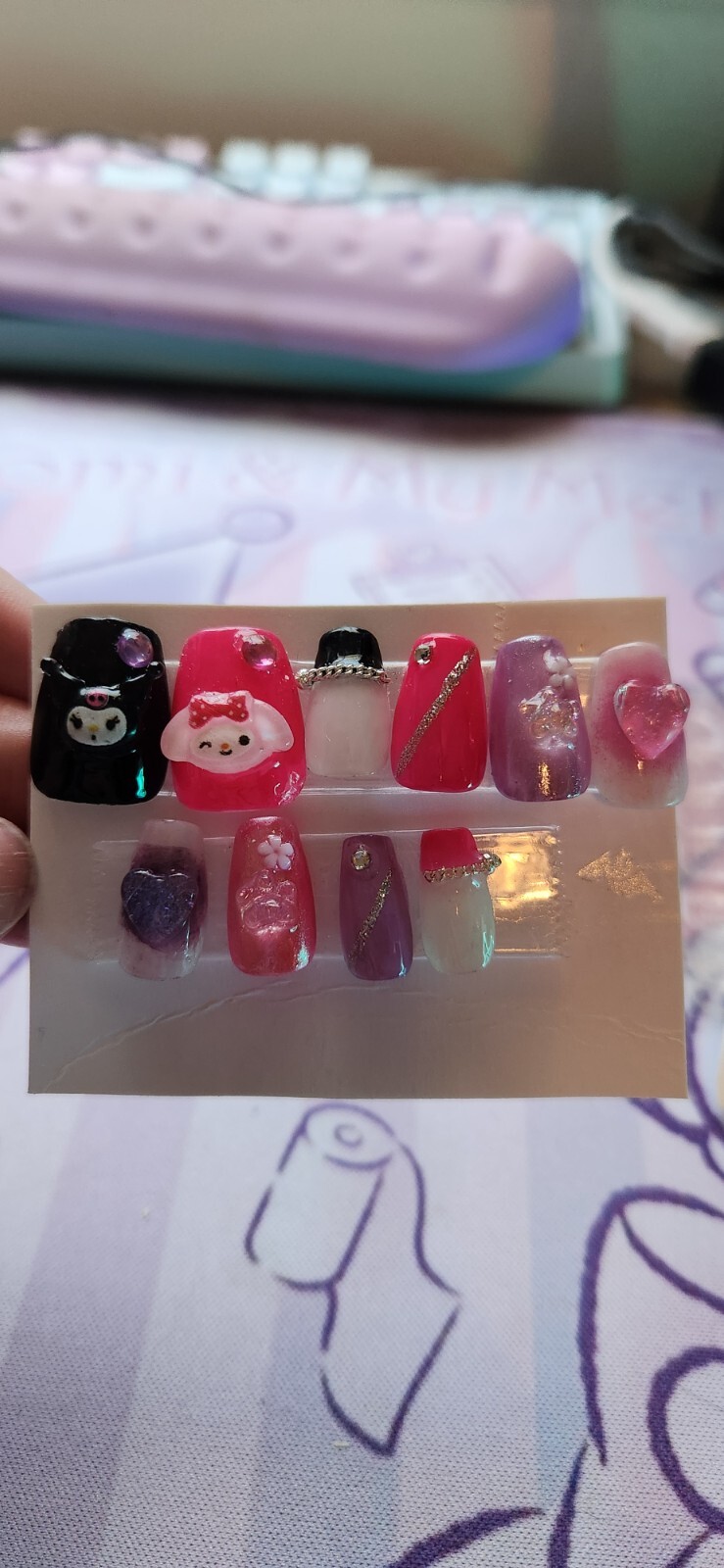 Hand Painted “Kuromi/My Melody” Ex Short Coffin Length Press On Nails (size M/L)
