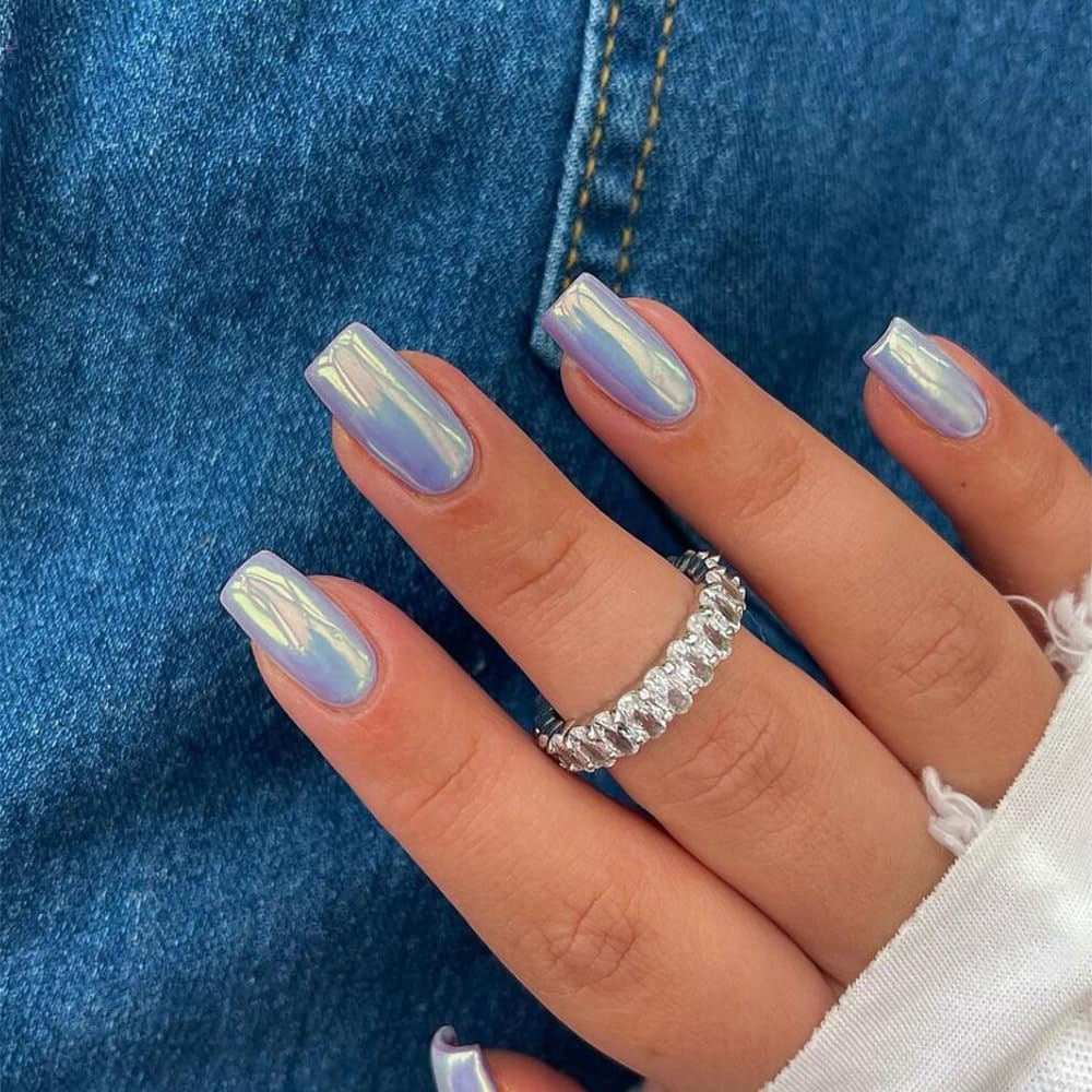Light Blue Chrome Press on Nails Short Square, Gold Nail Fake Nails Medium