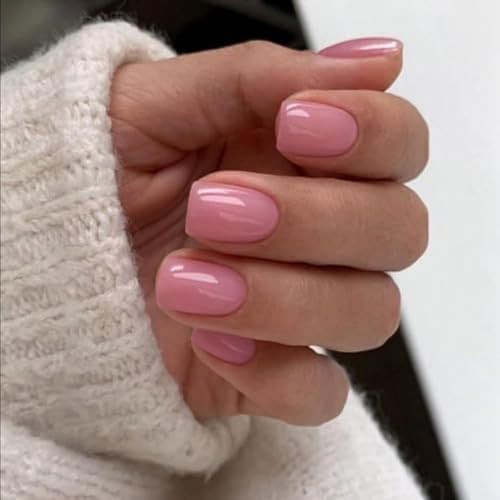 Rose Pink 48Pcs Press on Nails – Short, Square, Gel, square glossy rose pink