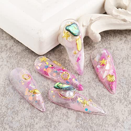 28 Grids Nail Art Decorations, Mixed Abalone Seashell Slices Pearl Bead Gold