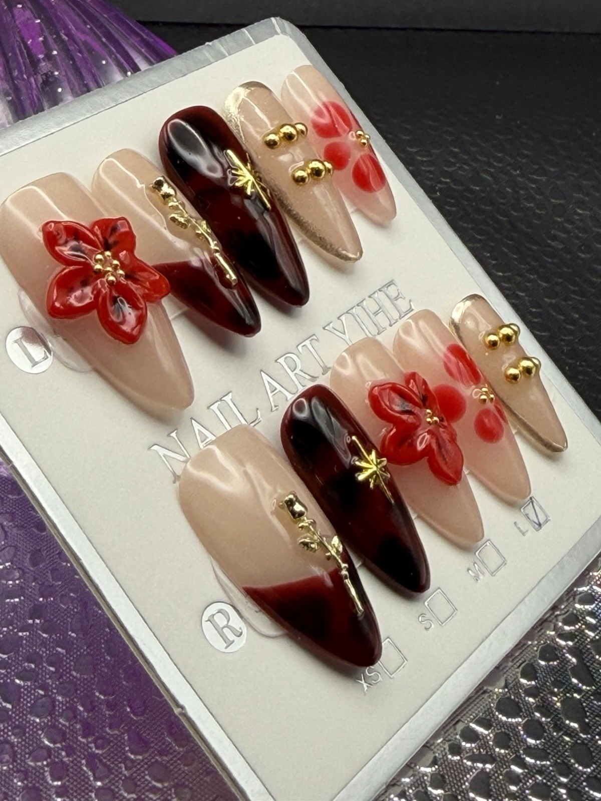 10 Pcs Handmade Medium Almond Nude Red Tortoiseshell Nails w 3D Flower Gold Sz L