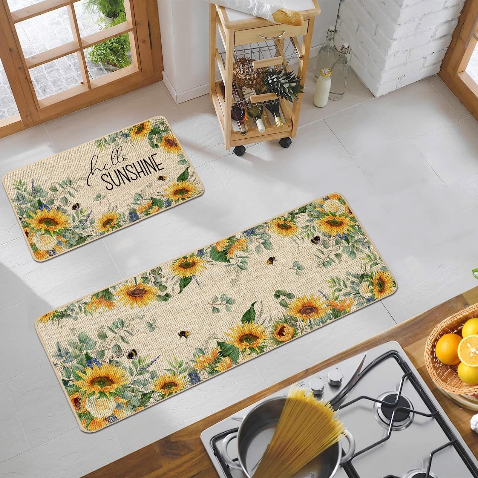 Baccessor Summer Kitchen Mats Set of 2, Sunflower Floral Bee Kitchen Rugs for…