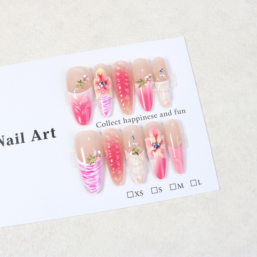 Press on Nail – Pink White Gradient, Mid To Long Vacation Nail, 48 Piece Set