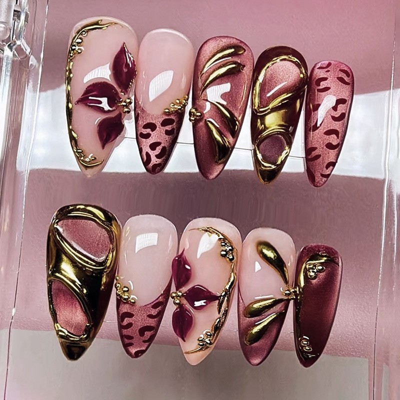 3D Gold Accented Leopard Print Cat Eye Nails for For french Manicure 30Pcs Set