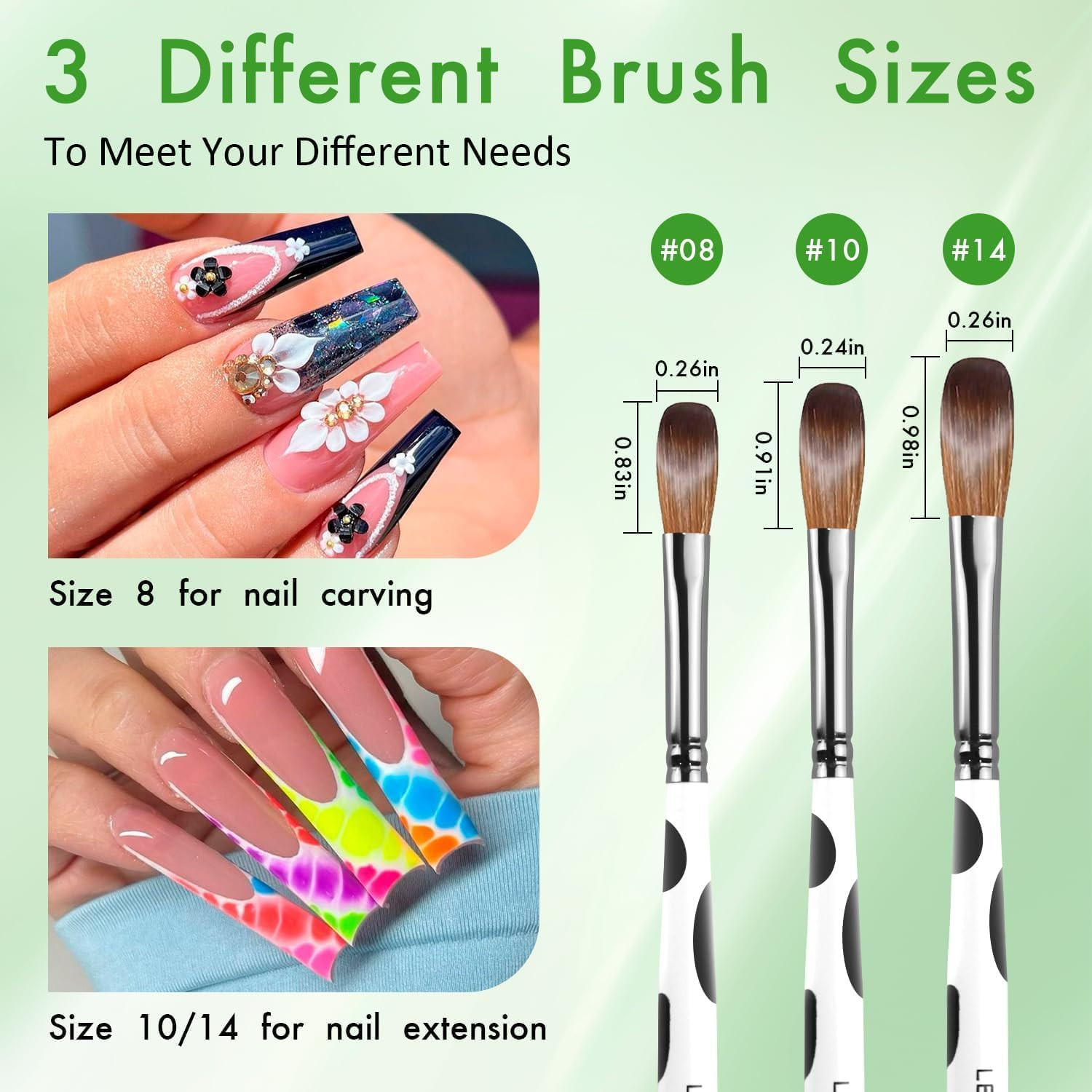 3PCS Kolinsky Acrylic Nail Brushes – Size 8/10/14 Professional Nail Art Brushes