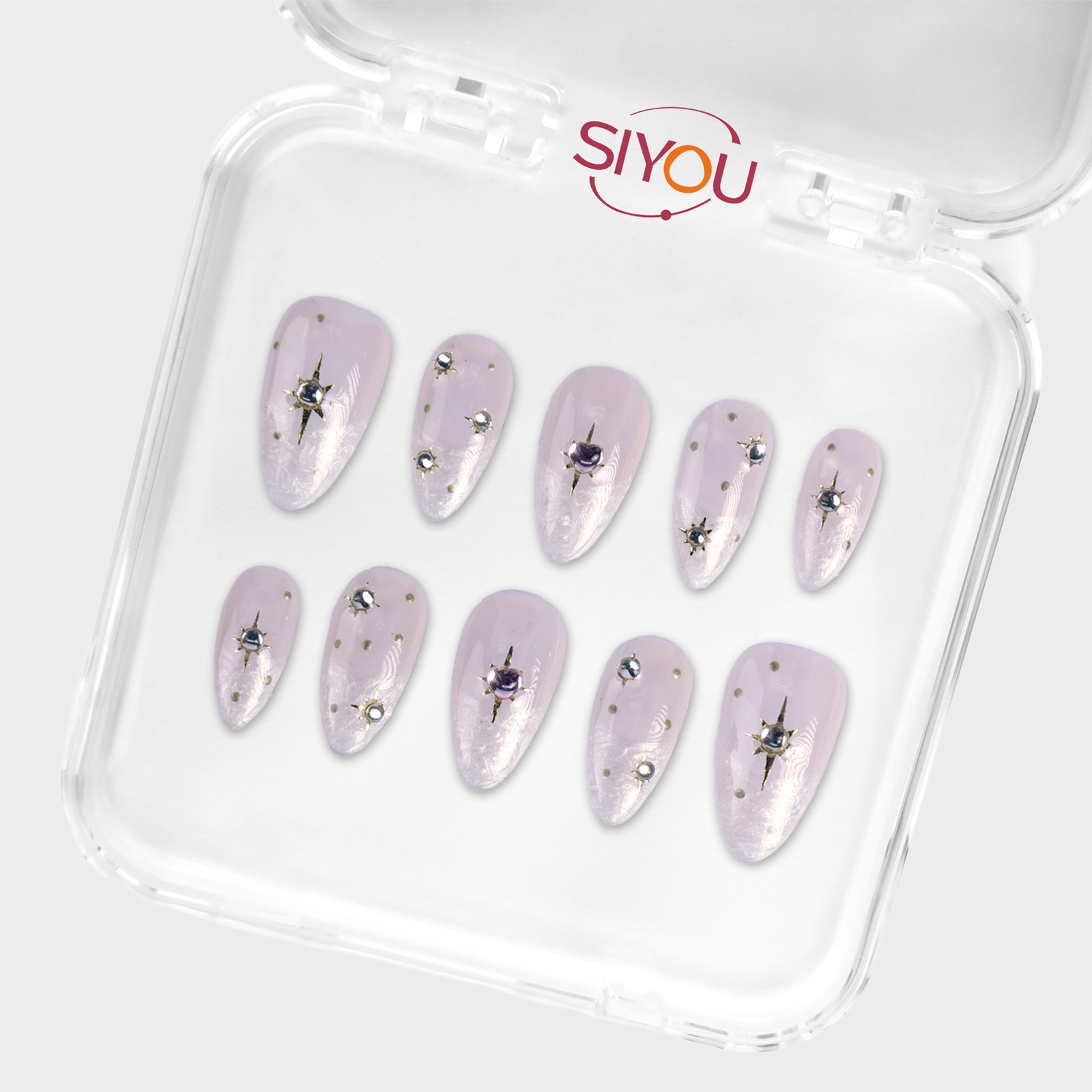 SIYOU Stardust Pearl Medium Almond Crystal Star Press-On Nails 10pc