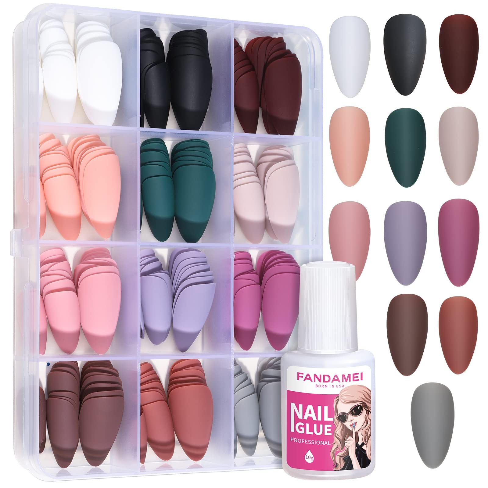 FANDAMEI Press on Nails, 12 Packs Medium Almond, 12Packs Classic Color Glossy