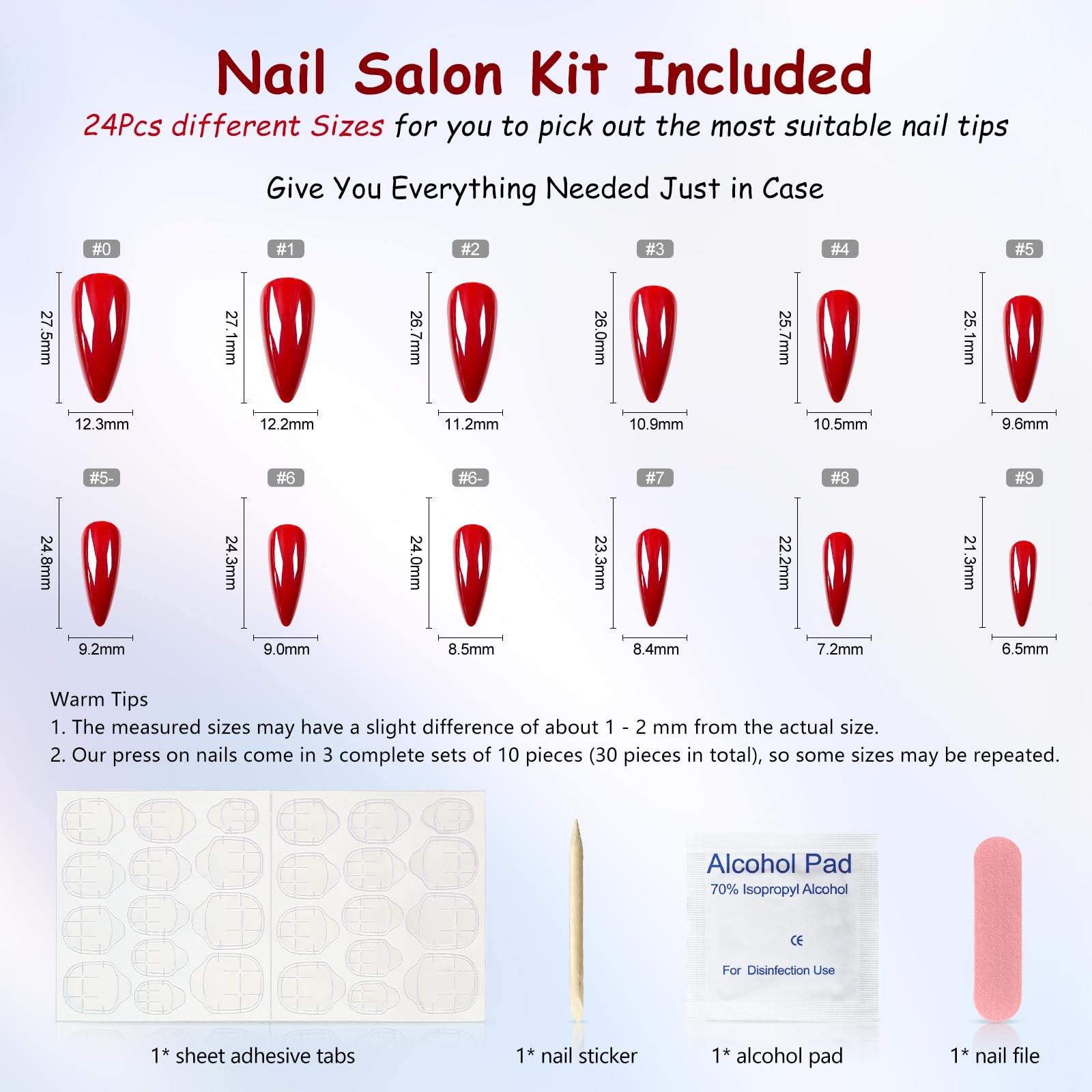 Glossy Red Press on False Nails Medium Long Stiletto Fake Nails Salon Nail Ar…