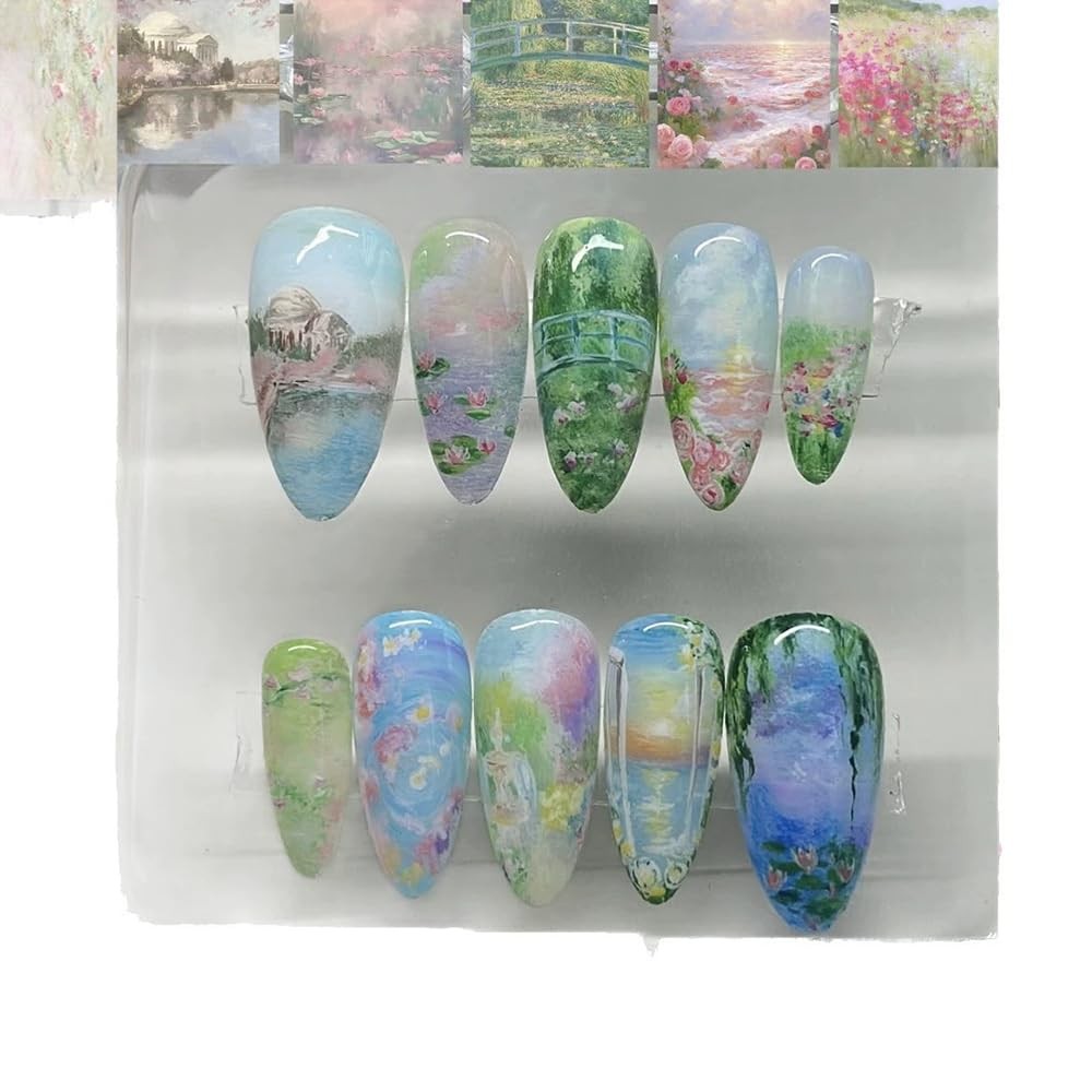 Painting Style Press on Nails Almond Fake Nails Medium False Nails with Flowe…