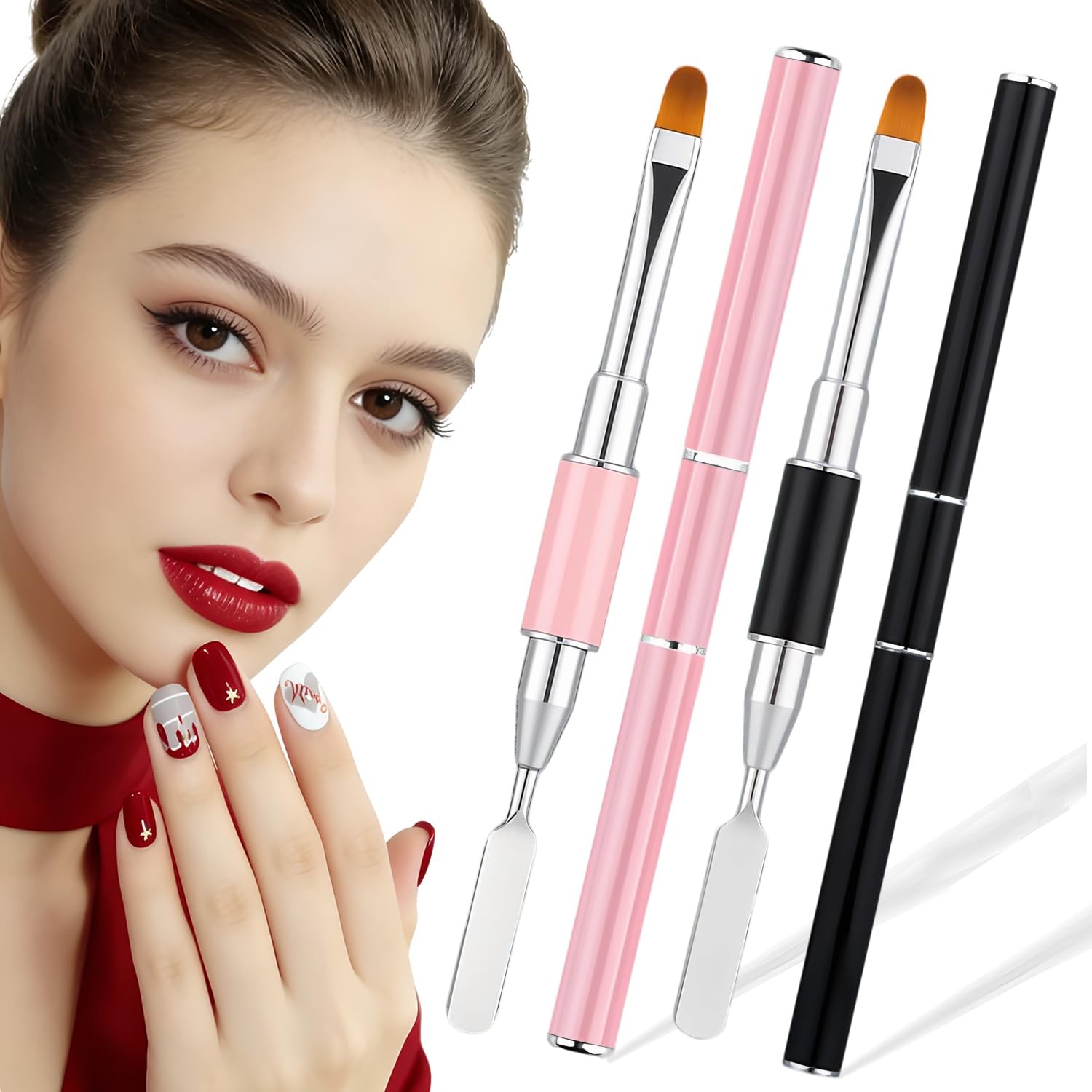 Juego de pinceles de uñas de doble punta para esculpir uñas, color negro y rosa.