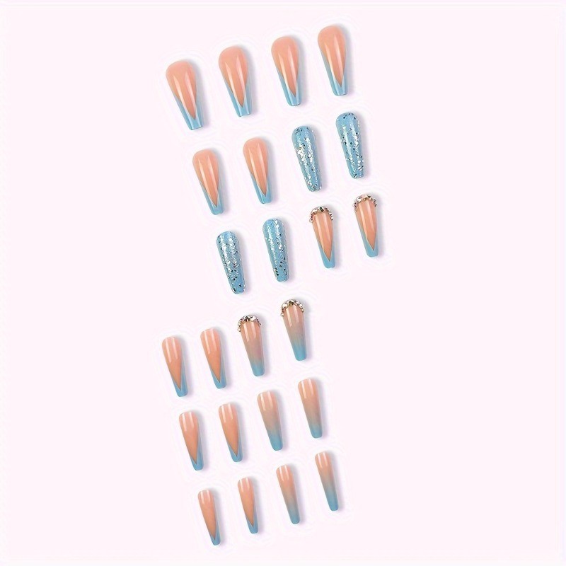 48pcs Baby Blue & Nude Press on Nails Long Coffin with Ombre and Silver Glitter