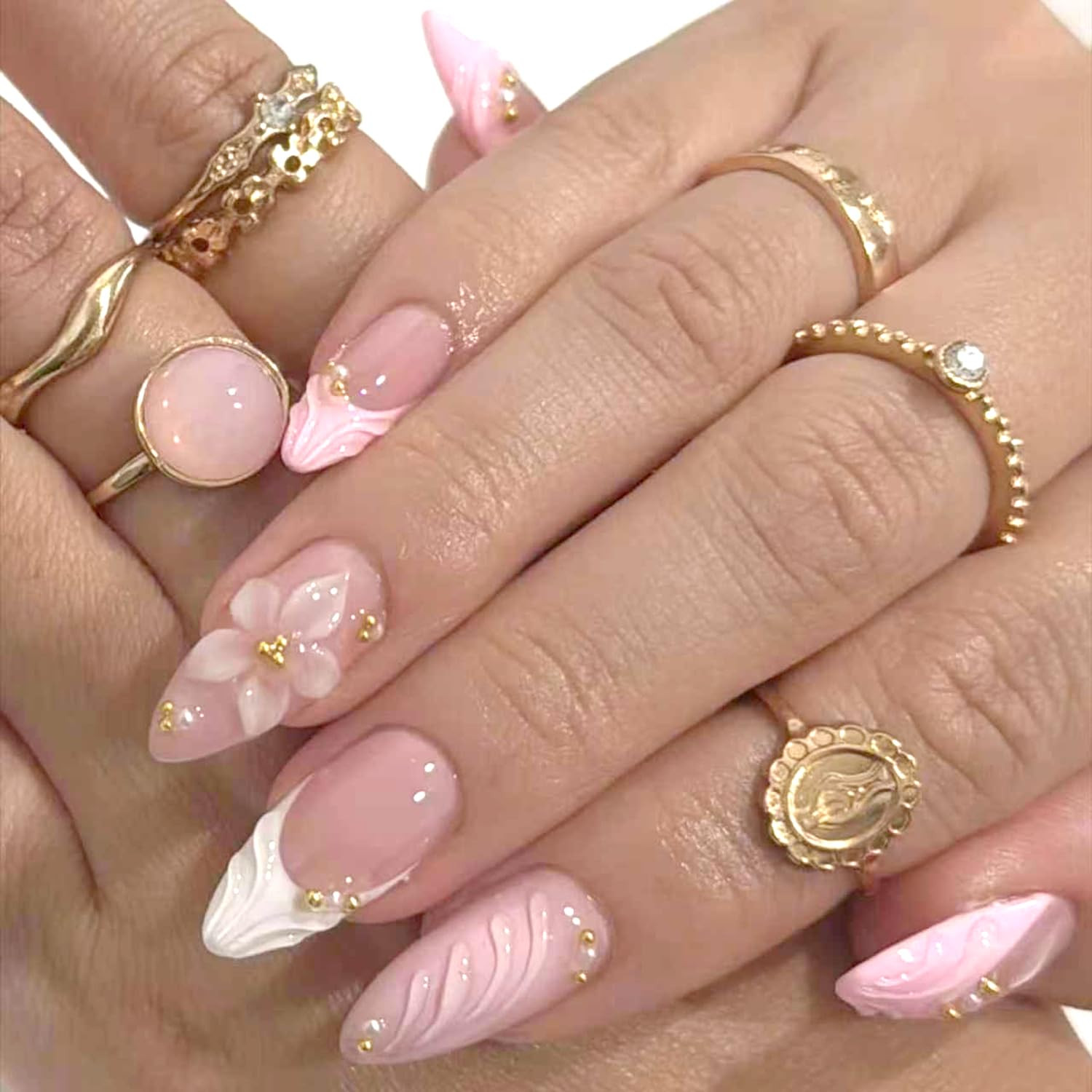 24Pcs French Tip Press on Nails Medium Almond Fake Nails 3D Flowers Gold Bead De