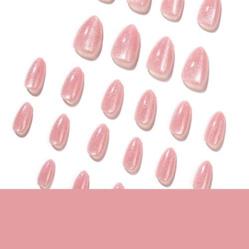 Pink Press on Nails – Short Almond Fake Nails – Glossy Cat Eye Acrylic – Style 8