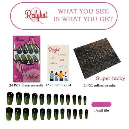 Redykat 24PCS Glossy Green Ombre Coffin Press On Nails, Gel Green&Black Ombre