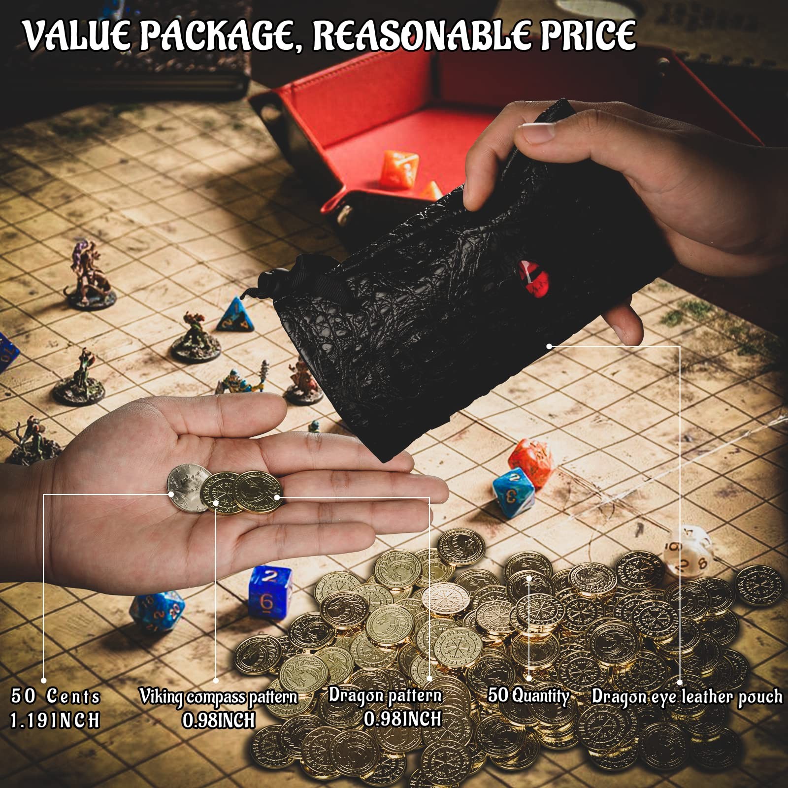 DND Fantasy Coins 50 Antique Gold Metal Treasure Tokens with 51 Piece Set