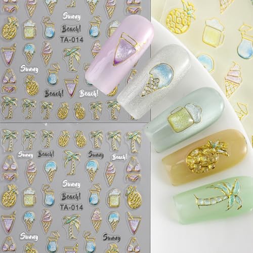 2 Sheets Gold Nail Art Stickers Decals 5D Embossed Self-Adhesive Summer Beach