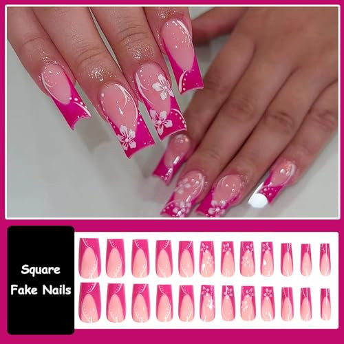 Press on Nails Long Square Fake Nails Glossy Glue on Nails Hot 08005Hot Pink